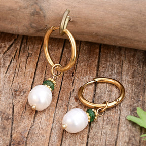 Golden Grace Pearl & Green Agate Hoop Earrings