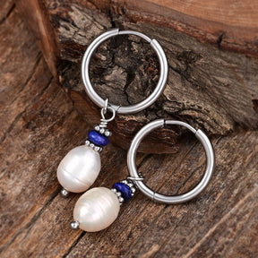 Silver Lapis Lazuli Pearl Hoop Earrings