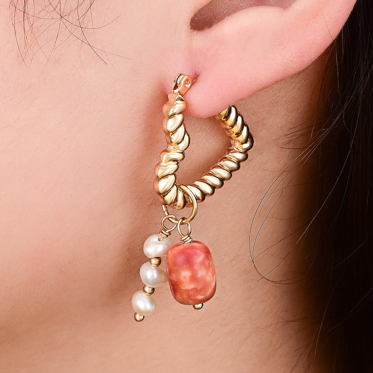 Heart Pearl & Agate Charm Hoop Earrings