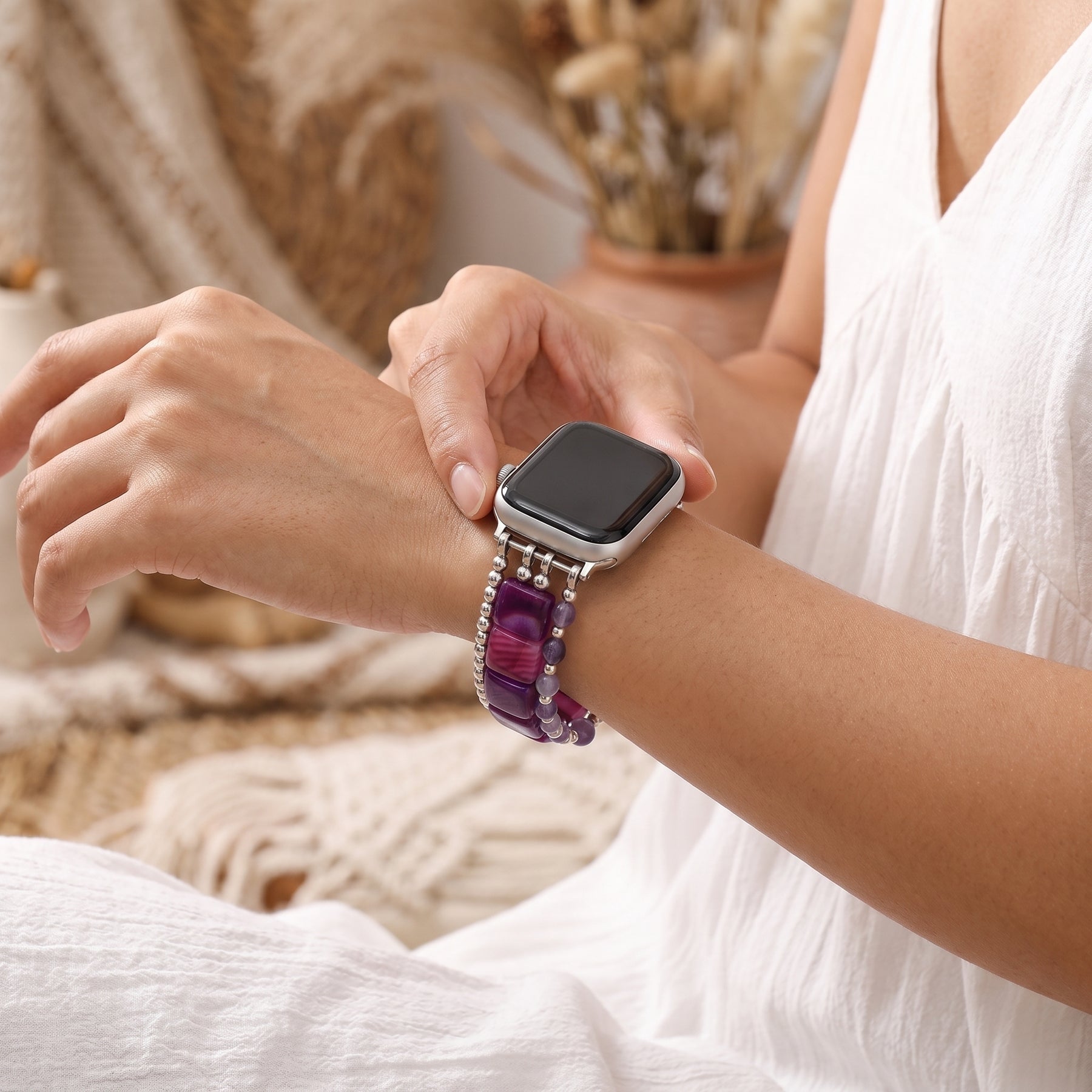Violet Hour Amethyst Stretch Apple Watch Strap Silver